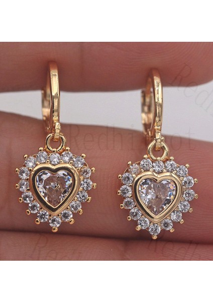 Beyaz Stil 18 Ayar Altın Kaplama - Lüks Küpe Çiçek Kalp Berrak Topaz Zirkon Takı Hediye (Yurt Dışından)