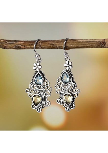 Gümüş Tarzı Yaratıcı Damla Su Damlası Küpe Avrupa ve Amerika Vintage Deniz Mavisi Topaz Küpe (Yurt Dışından)