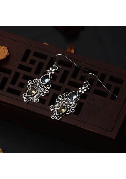 Gümüş Tarzı Yaratıcı Damla Su Damlası Küpe Avrupa ve Amerika Vintage Deniz Mavisi Topaz Küpe (Yurt Dışından) fırsatları