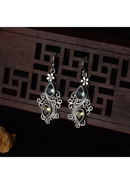 Gümüş Tarzı Yaratıcı Damla Su Damlası Küpe Avrupa ve Amerika Vintage Deniz Mavisi Topaz Küpe (Yurt Dışından) indirimleri