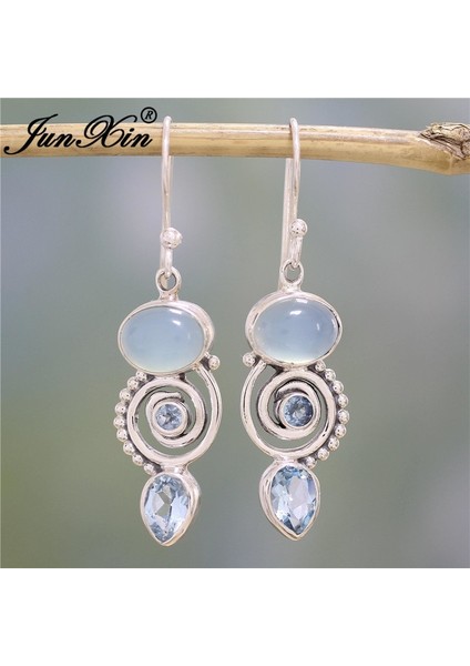 Deniz Mavisi Junxin Gümüş 'duygusal Yolculuk' Topaz Kalsedon Damla Kanca Küpe Düğün Takı Hediye (Yurt Dışından)