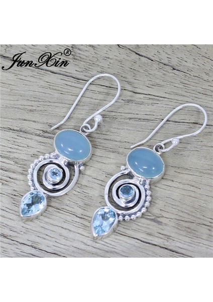 Deniz Mavisi Junxin Gümüş 'duygusal Yolculuk' Topaz Kalsedon Damla Kanca Küpe Düğün Takı Hediye (Yurt Dışından) fırsatları
