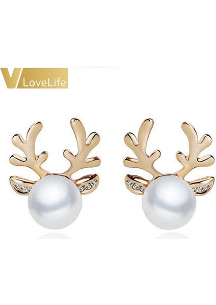 Altın Geyik Bayanlar Için 1 Çift Noel Hediye Zarif Takılar Yılbaşı Inci Geyik Küpe Rena Geyik Küpe Çivi (Yurt Dışından)