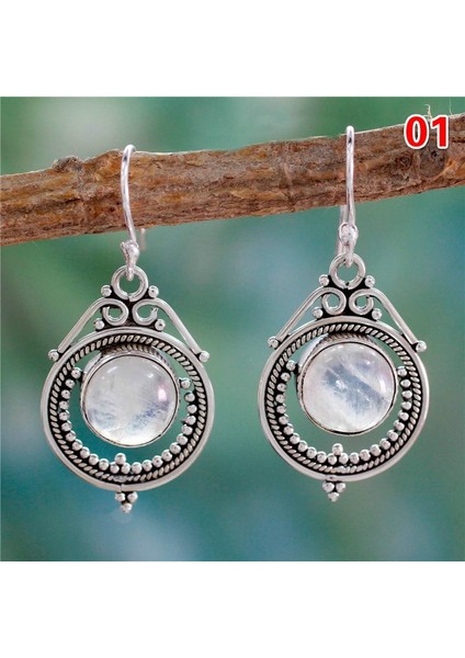 No.4 Boyutu Kadınlar Için Vintage Gümüş Küpe Ay Taşı ve Ametist & Peridot & Inci Küpe Düğün Gelin Takı Hediye (Yurt Dışından)
