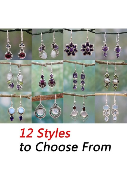 No.4 Boyutu Kadınlar Için Vintage Gümüş Küpe Ay Taşı ve Ametist & Peridot & Inci Küpe Düğün Gelin Takı Hediye (Yurt Dışından)