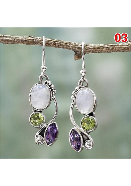 No.4 Boyutu Kadınlar Için Vintage Gümüş Küpe Ay Taşı ve Ametist & Peridot & Inci Küpe Düğün Gelin Takı Hediye (Yurt Dışından)