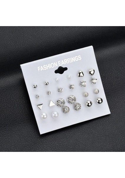 Gümüş Tarzı 2019 Yeni Gümüş Küpe Kadın Moda Inci Küpe Aksesuarları 12 Çift Geometrik Şekil Takı Seti (Yurt Dışından)