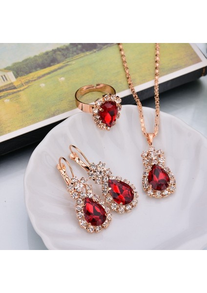 Kırmızı Stil Sıcak 1 Takım Romantik Çekicilik Zarif Damlataş Kristal Taşlı Metal Kolye Altın Kaplama Zincir Küpe Yüzük Kadın Takı Setleri Moda Aksesuarları Çoklu Renk Seçenekleri (Yurt Dışından)
