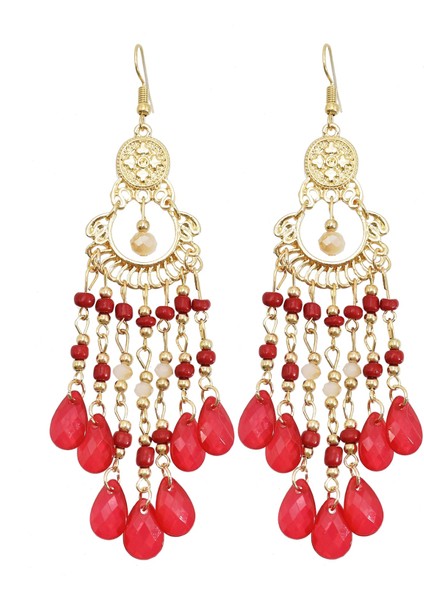 Kırmızı Stil Kızlar Parti Takıları Için Bohem Tarzı Incili Fırfırlı Kristal Damlacıklı Küpe (Yurt Dışından)