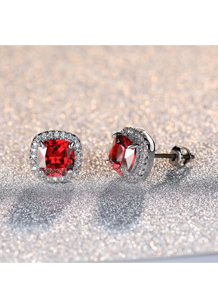 Kırmızı Stil 925 Ayar Gümüş 7mm Prenses Kare Kesim Safir Topaz Ametist Zümrüt Puset Küpe Doğum Taşı Kristal Pençe Küpe Vida Geri Küpe (Yurt Dışından)