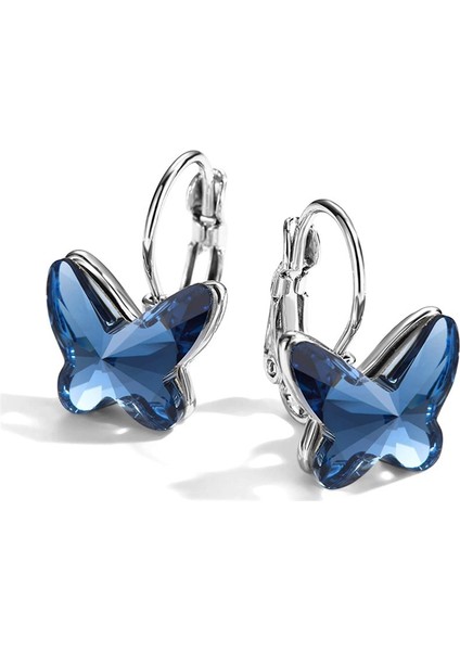 Mavi Stil Kadın Kızlar Için Doğum Günü Hediyesi 925 Ayar Gümüş Kristal Kelebek Kancalı Küpe (Yurt Dışından)
