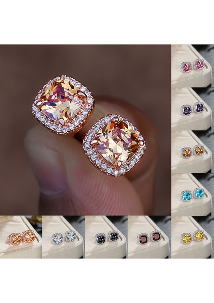 Sarı Stil 925 Ayar Gümüş 7mm Prenses Kare Kesim Safir Topaz Ametist Zümrüt Puset Küpe Doğum Taşı Kristal Pençe Küpe Vida Geri Küpe (Yurt Dışından)