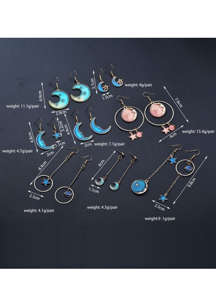 No.8 Boyut Kadınlar Için Mavi Yıldız Ay Uzun Düşen Küpe Asimetrik Yuvarlak Gezegen Küpe Moda Takı (Yurt Dışından) modelleri