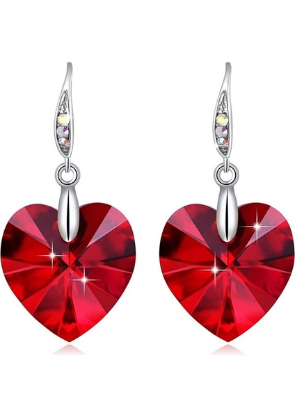 Kırmızı Stil Kadın Kızlar Için 925 Ayar Gümüş Kalp Kristal Küpe - Anneler Günü Için Hediye (Yurt Dışından)