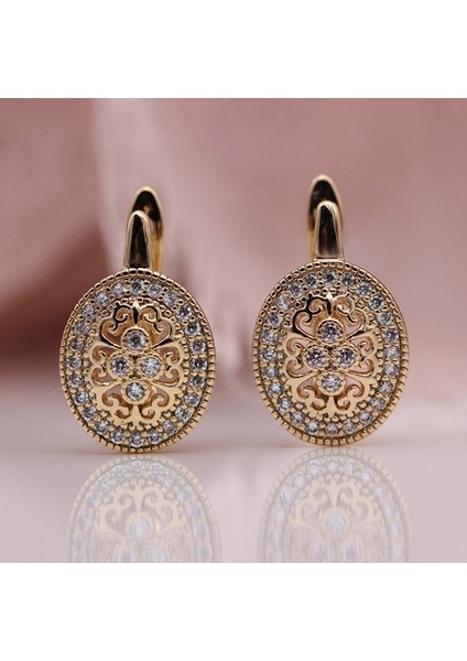 Altın Tarzı Kadın Lüks Düğün Moda Takı Gül Altın Doğal Zirkon Çiçek Küpe Mikro Wax Işlemeli Içi Boş Damlacık Küpe (Yurt Dışından)