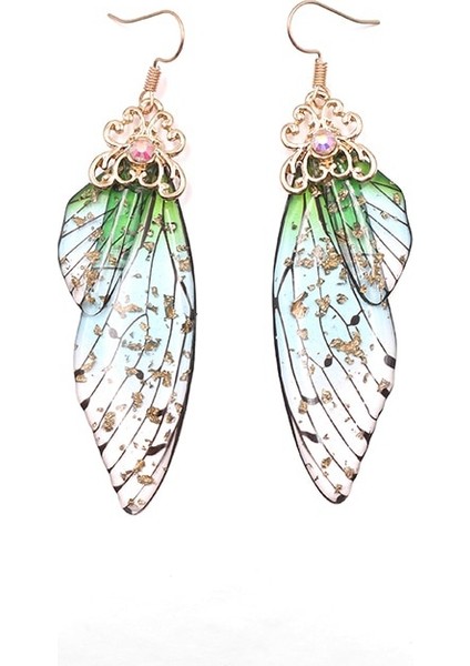 Altın Yeşili El Yapımı Peri Simülasyon Kanat Küpe Böcek Kelebek Kanatı Düşen Küpe Folyo Taşlı Küpe Romantik Gelin Takıları (Yurt Dışından)