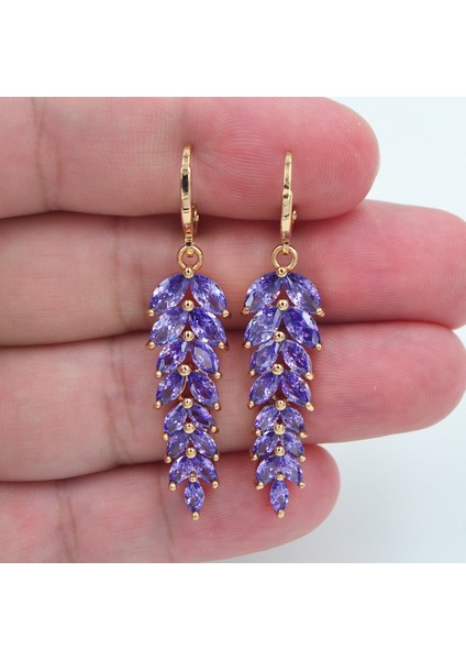 18K Sarı Altın Kaplama Kadın Moda Lüks Mor Mistik Topaz Yaprak Sallantılı Nişan Küpe Takı (Yurt Dışından)