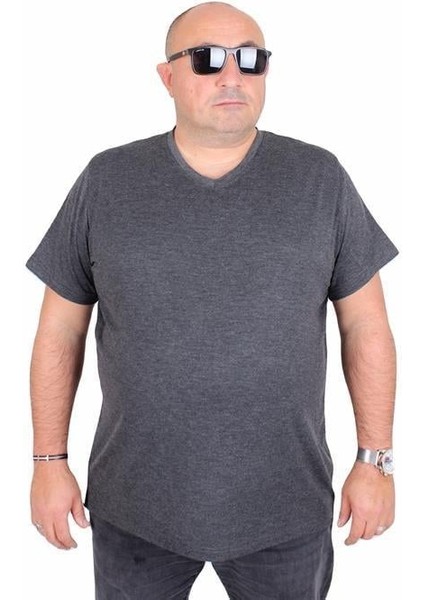 Erkek Büyük Beden Likralı Basic V Yaka Tişört 11170 Antrasit Melanj