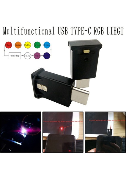 Atmosfer Işığı, Mini Usb-C LED Rgb Işık Parlaklığı Ayarlanabilir 8 Renk Değiştirilebilir Araba, Dizüstü Bilgisayarlar, Klavye Atmosfer Gece Lambası, Siyah (Yurt Dışından)