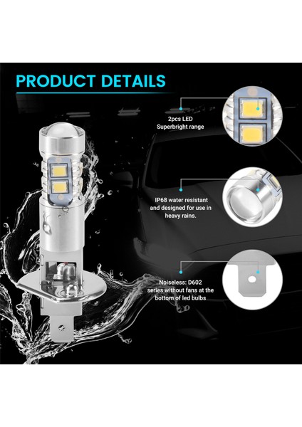 Far LED Ampul, 4 Adet H1 LED Far Sis Farı Sürüş Lambası Ampulleri 6000K Süper Beyaz 200W, Gümüş (Yurt Dışından)
