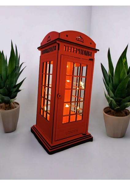 Ahşap Dekoratif Işıklı London Telefon Kulübesi - Mumluk, Dekoratif, Süs Londra Telefon Kulübesi