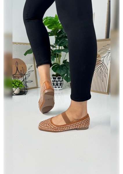 Günlük Kadın Babet Taşlı Lastikli Alçak Topuklu Tırtıklı Tabanlı Küt Burunlu Rahat Ayakkabı 347 indirimleri
