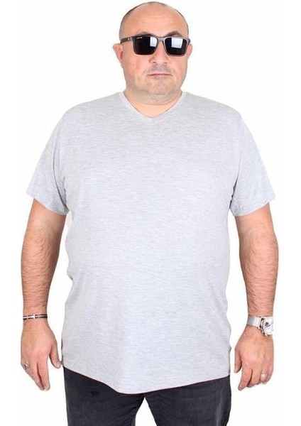 Erkek Büyük Beden Likralı Basic V Yaka Tişört 11170 Grı Melanj