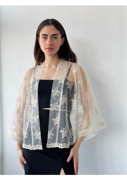 Tasarım Tül Mini Kimono Kadın Krem