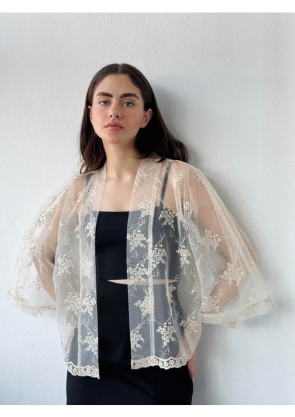 Tasarım Tül Mini Kimono Kadın Krem fiyatları