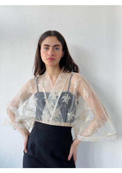 Tasarım Tül Mini Kimono Kadın Krem modelleri