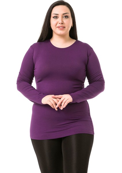 Büyük Beden Bisiklet Yaka Uzun Kollu Viskon Siyah Body