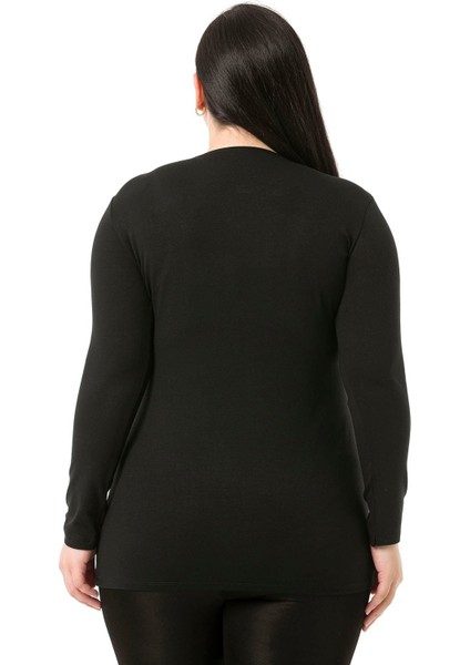 Büyük Beden Bisiklet Yaka Uzun Kollu Viskon Siyah Body