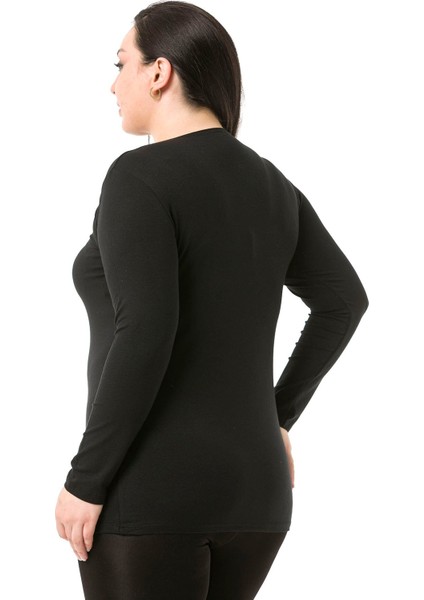 Büyük Beden Bisiklet Yaka Uzun Kollu Viskon Siyah Body