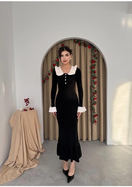 Bebe Yaka Düğmeli Uzun Triko Elbise