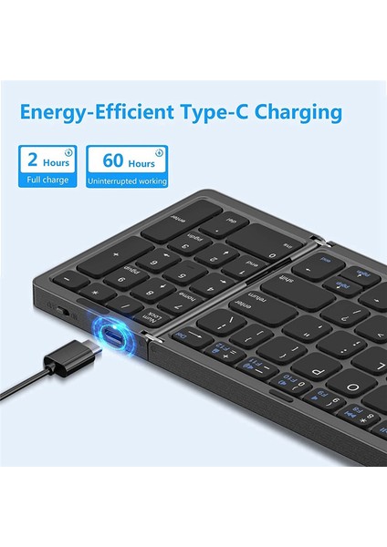 Katlanabilir Bluetooth Klavye, USB Şarj Edilebilir Kablosuz Klavye Siyah (Yurt Dışından)