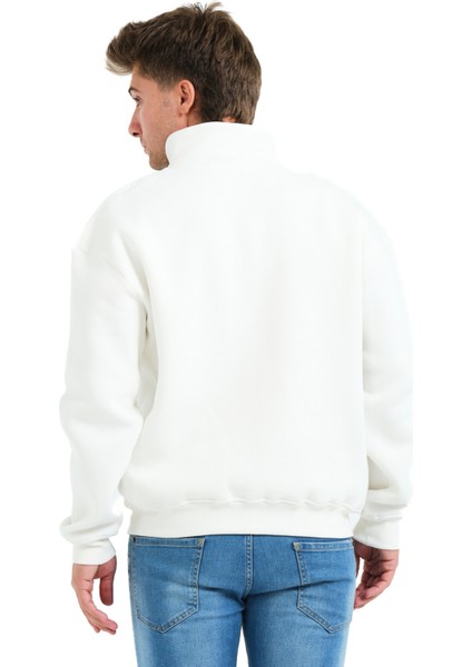Regular Fit Dik Yaka Yarı Fermuarlı Şardonlu Ekru Erkek Sweatshirt - Prime fırsatları
