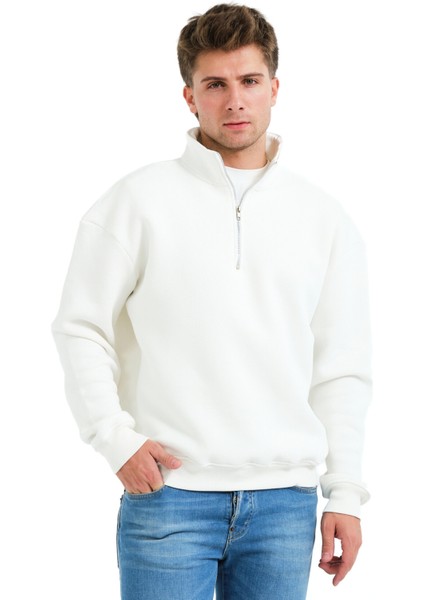 Regular Fit Dik Yaka Yarı Fermuarlı Şardonlu Ekru Erkek Sweatshirt - Prime