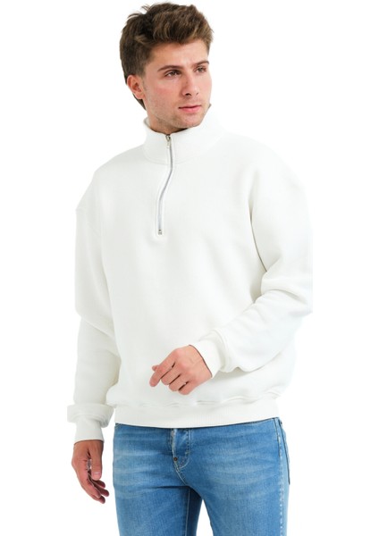 Regular Fit Dik Yaka Yarı Fermuarlı Şardonlu Ekru Erkek Sweatshirt - Prime