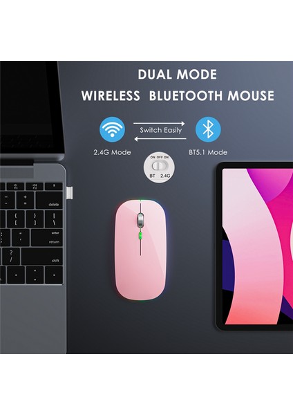 Bt5.1+2.4ghz Kablosuz Mouse Jiggler'lı, Şarj Edilebilir, Pembe (Yurt Dışından)