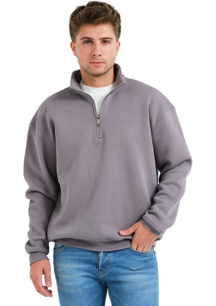 Regular Fit Dik Yaka Yarı Fermuarlı Şardonlu Gri Erkek Sweatshirt - Prime fiyatları