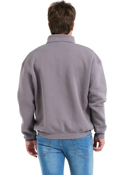 Regular Fit Dik Yaka Yarı Fermuarlı Şardonlu Gri Erkek Sweatshirt - Prime fırsatları