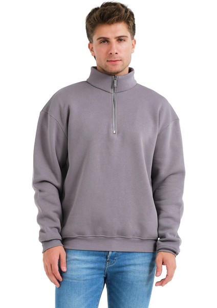 Regular Fit Dik Yaka Yarı Fermuarlı Şardonlu Gri Erkek Sweatshirt - Prime