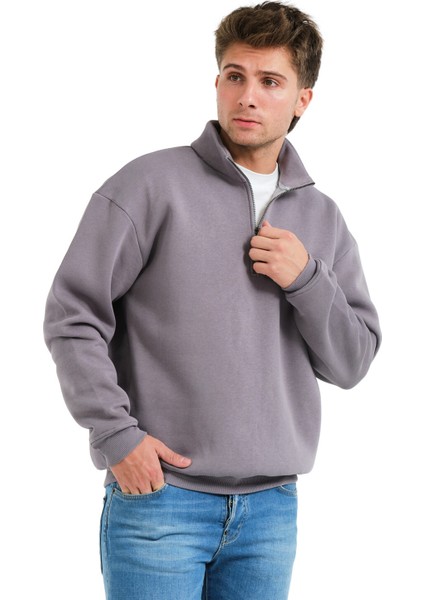 Regular Fit Dik Yaka Yarı Fermuarlı Şardonlu Gri Erkek Sweatshirt - Prime