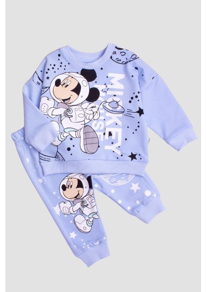 Pamuklu Astronot Mickey Mause Baskılı Tatlı Unisex Bebek&Çocuk 2'Li Alt Üst Eşofman Takım