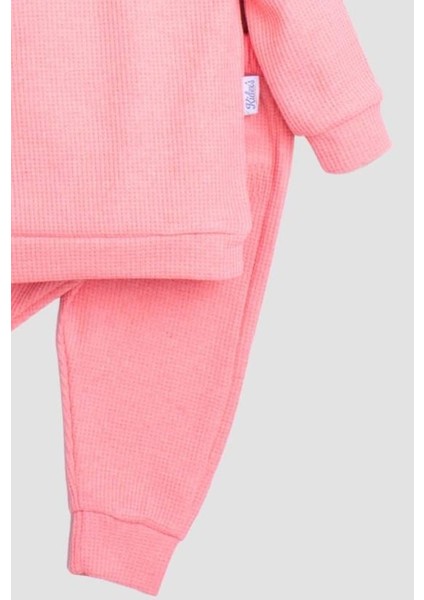 Pamuklu Waffle Kumaş Yaka Detaylı Tatlı Unisex Bebek&Çocuk 2'Li Alt Üst Eşofman Takım