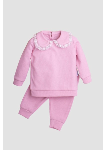 Pamuklu Waffle Kumaş Yaka Detaylı Tatlı Unisex Bebek&çocuk 2'li Alt Üst Eşofman Takım