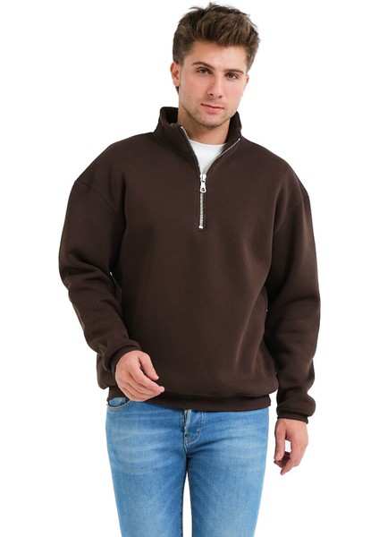 Regular Fit Dik Yaka Yarı Fermuarlı Şardonlu Acı Kahve Erkek Sweatshirt - Prime fiyatları