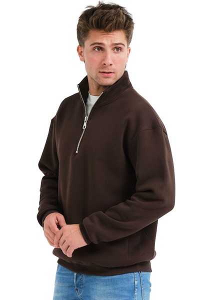 Regular Fit Dik Yaka Yarı Fermuarlı Şardonlu Acı Kahve Erkek Sweatshirt - Prime fırsatları