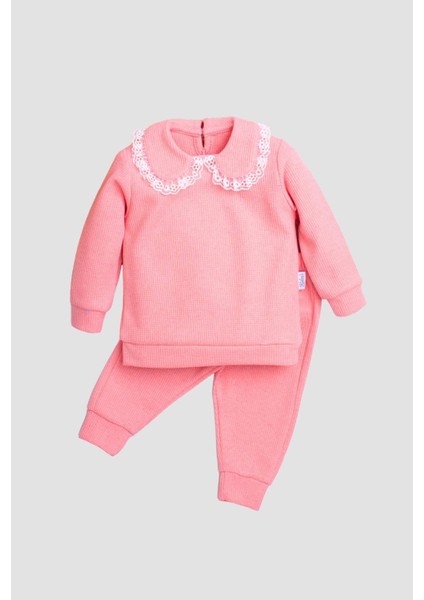 Pamuklu Waffle Kumaş Yaka Detaylı Tatlı Unisex Bebek&Çocuk 2'Li Alt Üst Eşofman Takım