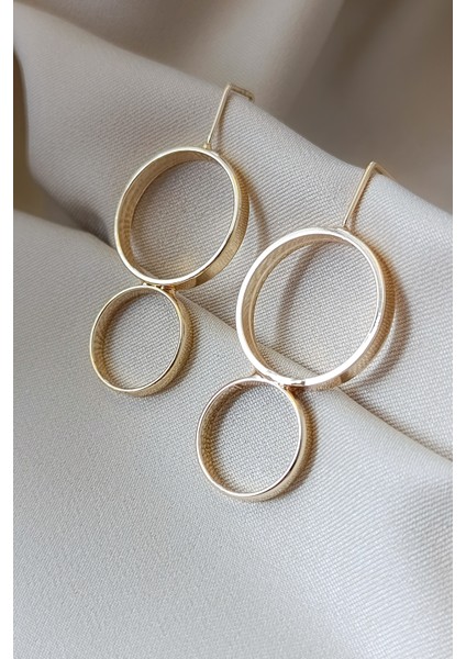 Iki Halka Detaylı Minimal Tasarım Gold Küpe